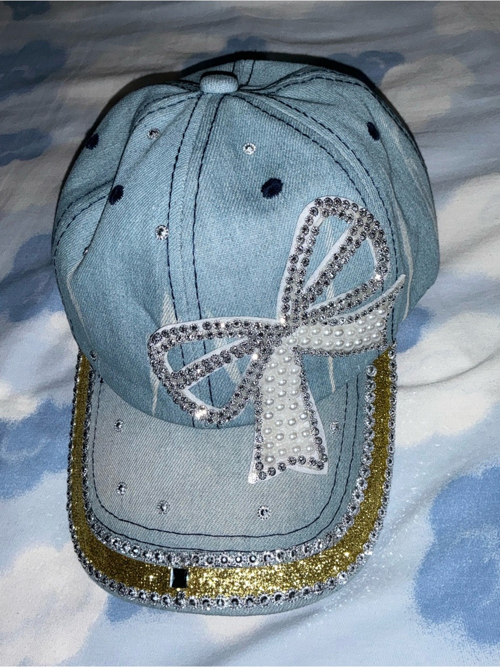 Embellished Rhinestone with Pearly Bow Denim Cap for Teens Light Jean Blue Color